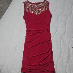 B Darlin Red Embellished Sleeveless Ruched Mini Dress